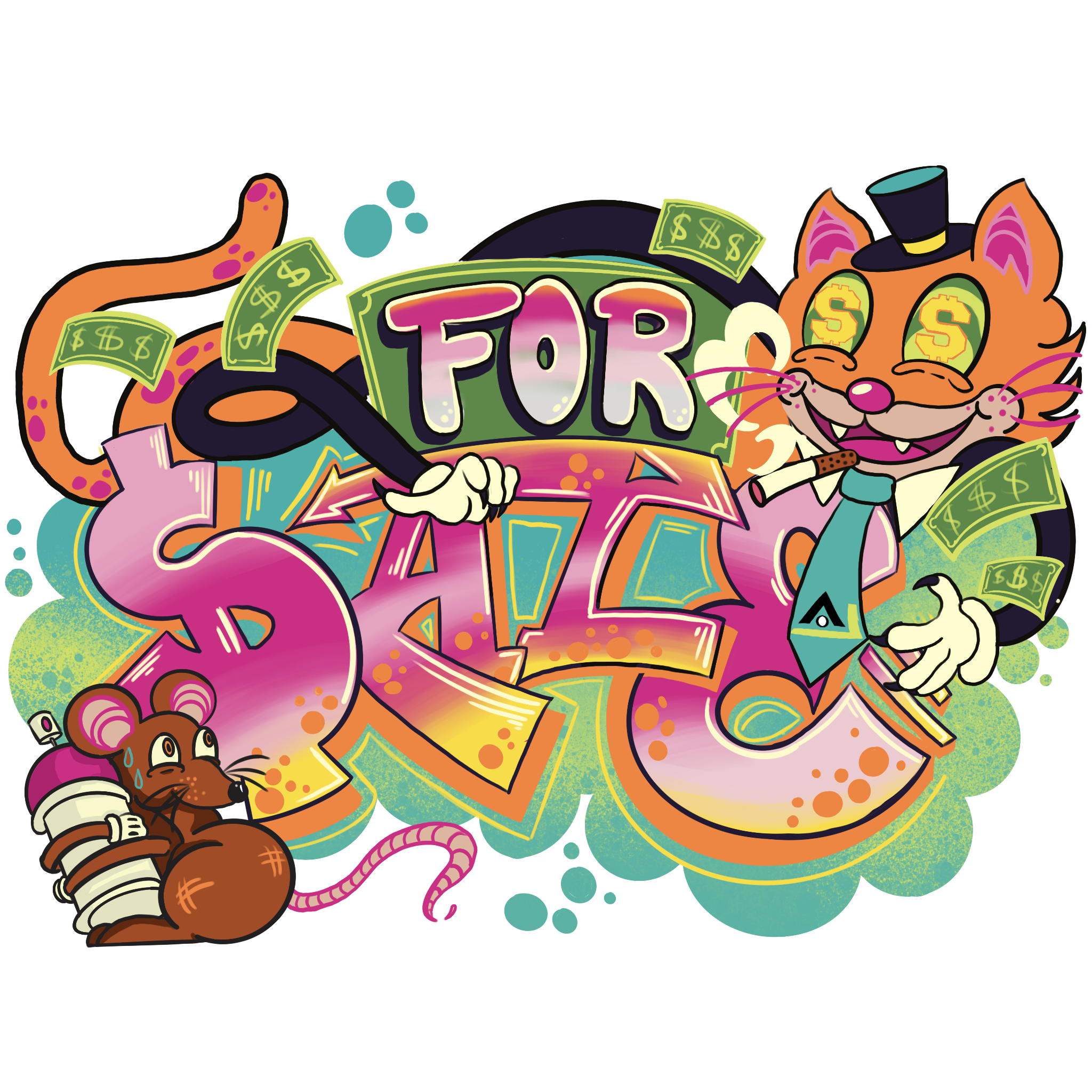 Colorful graffiti-style illustration with a cartoon orange cat wearing a top hat, with dollar signs in its eyes, surrounded by money, a mouse, and various vibrant shapes and patterns, with the word 'FOR' visible.