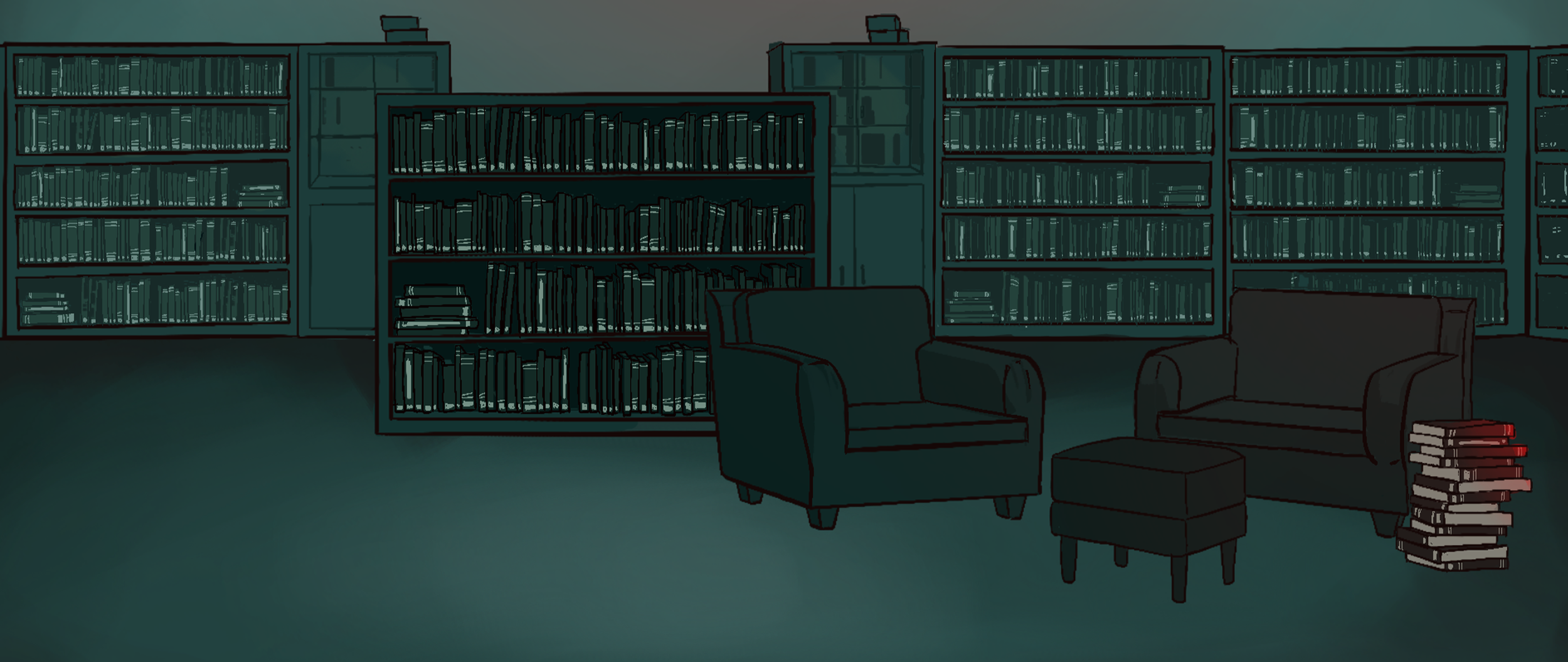 A dimly lit library with tall bookshelves filled with books, two armchairs, a small ottoman, and stacks of books on the floor.