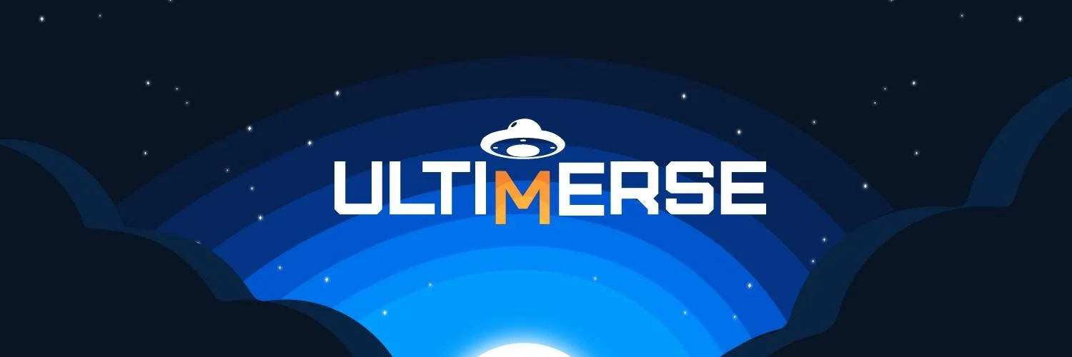 Digital illustration of space with a spaceship and the text 'ULTIMerSE' in bold white and orange letters, set against a dark starry background with curved blue lines.