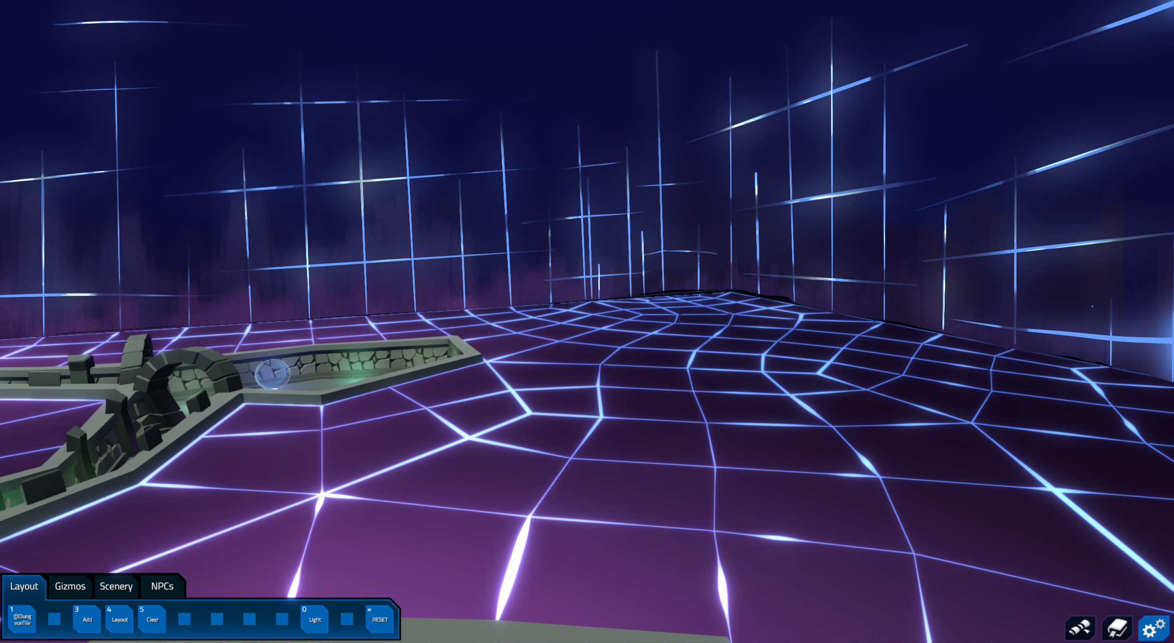 A virtual room with glowing grid lines on the walls and floor, creating a futuristic, neon-lit environment.