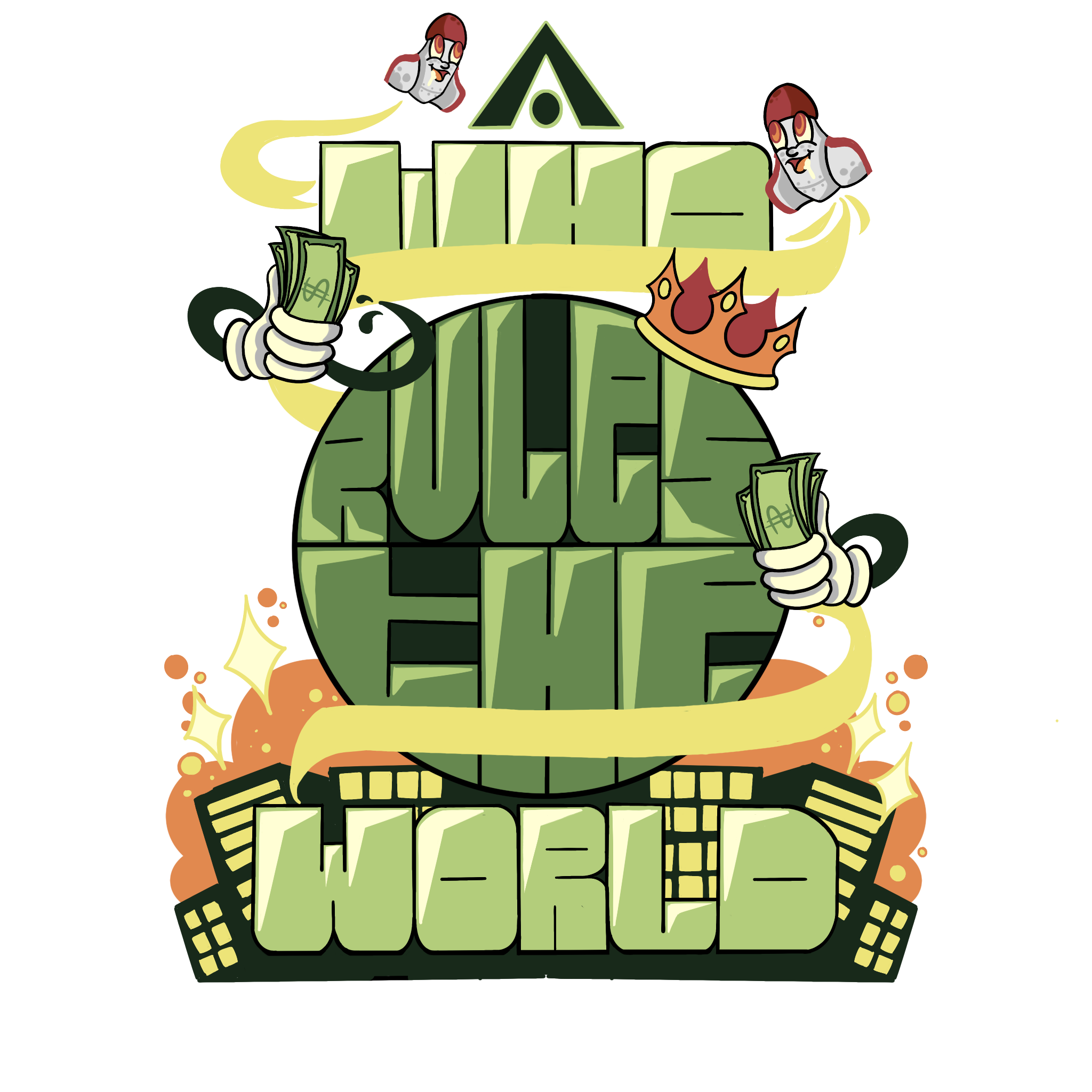 Illustration of a large green virus with cartoon characters wearing masks on top and holding money and a crown around it, with flames and a colorful background.
