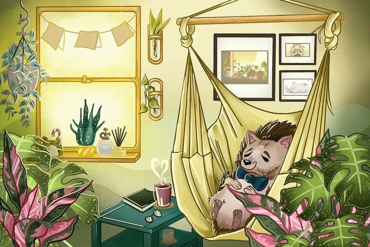 A cozy indoor scene with a hedgehog relaxing in a yellow hammock with a blue bowtie, surrounded by plants, a window with plants on the sill, framed pictures on the wall, a side table with a steaming mug, a book, and sunglasses.
