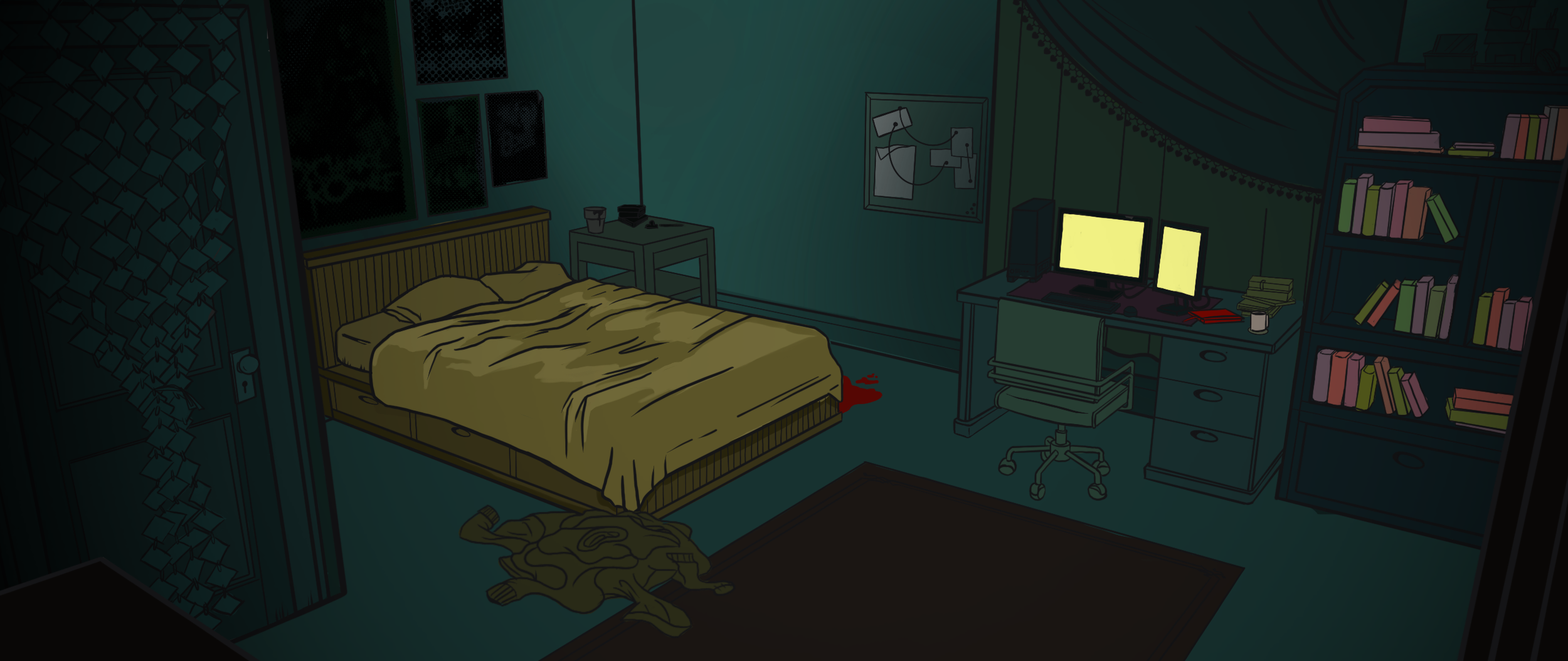 A dark bedroom with a yellow bed, bloodstain on the floor, and a bloodied sock on the floor near the bed. There is a desk with a computer and two monitors, books, and a mug. A bookshelf with colorful books is in the corner, and a window shows a dark outside scene. A ceiling curtain partially covers the room, and a bloodstain is on the wall.