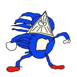 A blue cartoon character with a triangular head, large eyes, and a white belly, wearing red shoes and white gloves, in a running pose.