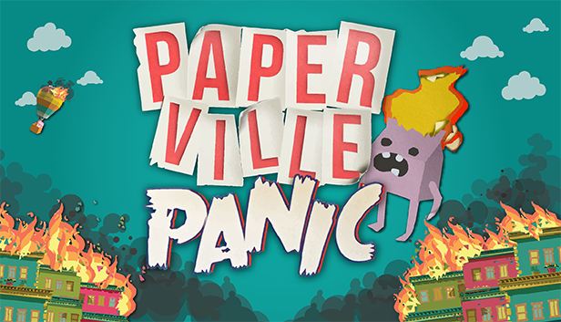 Illustration titled 'Paper Ville Panic' showing a colorful cityscape on fire, with cartoon characters and clouds in the sky.