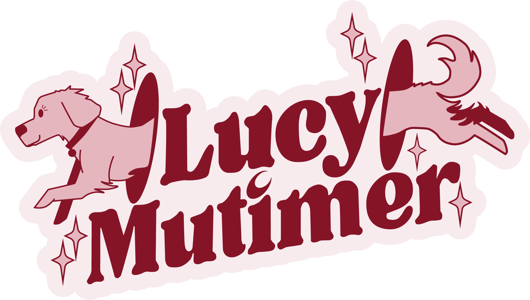 A sticker design with a pink dog with angel wings, surrounded by stars, and the words 'Legacy & Mutiner' written in large, stylized burgundy font.