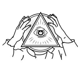 A black and white illustration of a person holding a pyramid-shaped object with an eye in the center, resembling the Eye of Providence.