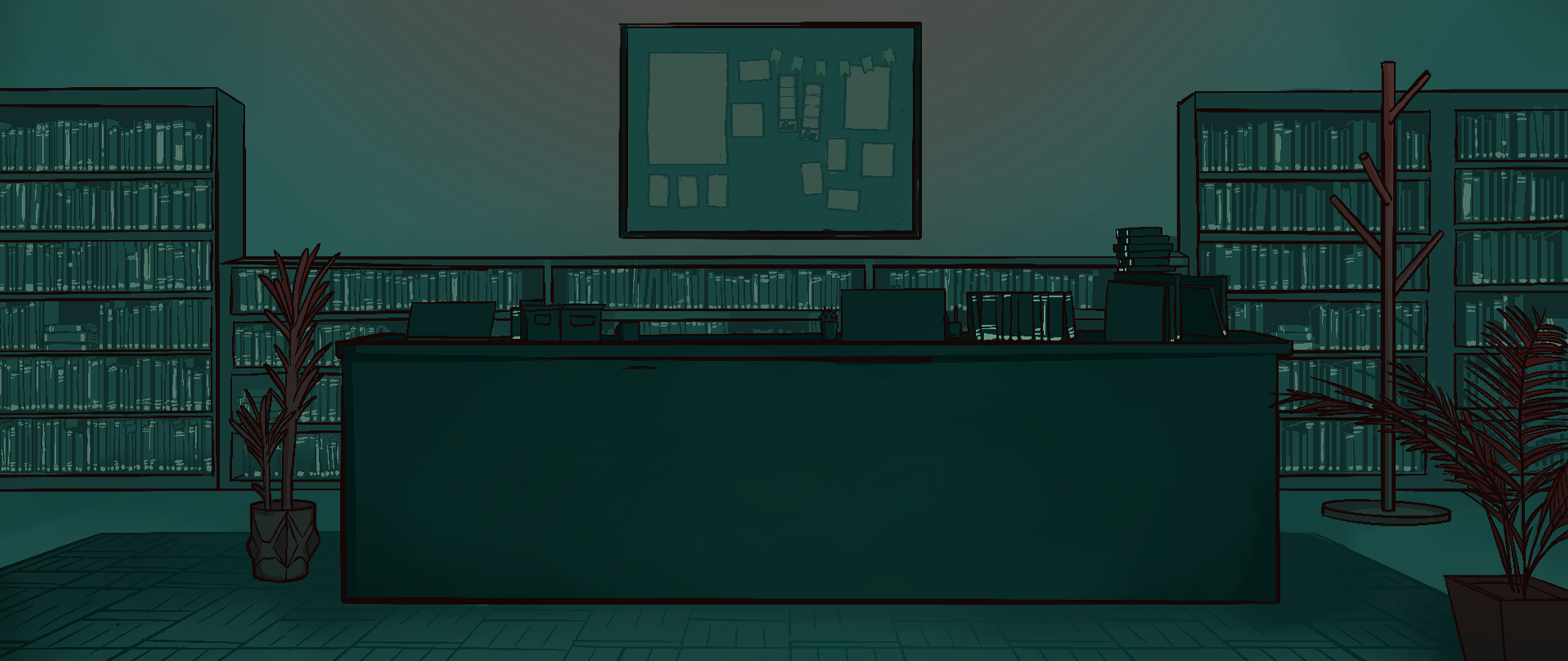 A dimly lit library or office with a large desk in the center, surrounded by bookshelves filled with books, and potted plants on either side. A bulletin board is mounted on the wall behind the desk.