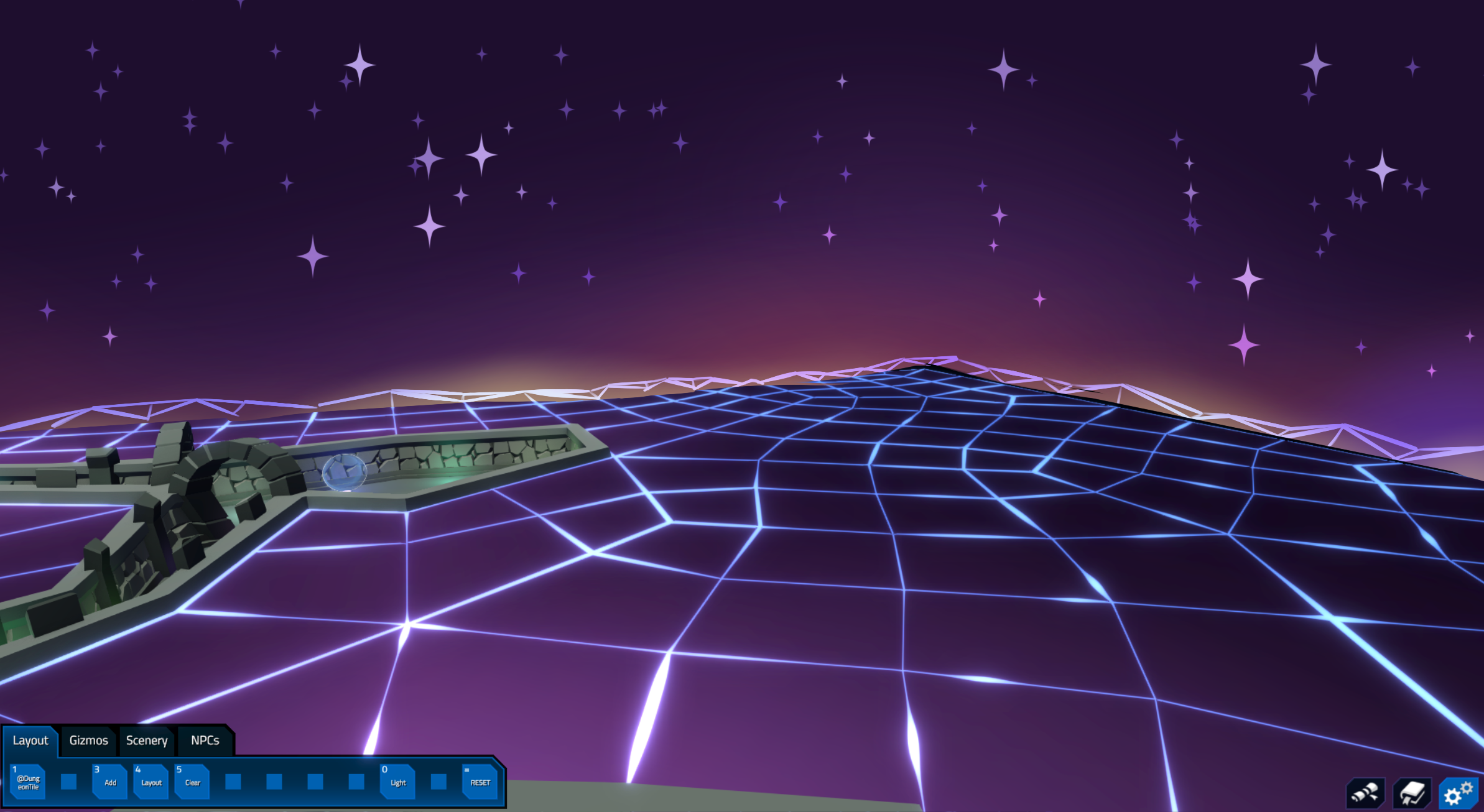 Futuristic digital landscape with wireframe terrain, neon grid lines, and a starry night sky in purple and blue hues.