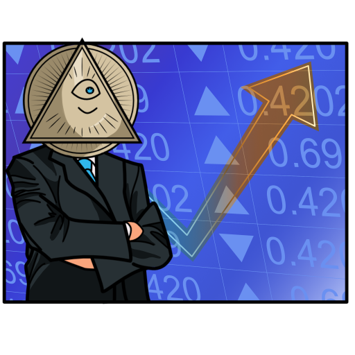 A cartoon character with a pyramid-shaped head and one eye, wearing a business suit with crossed arms, standing in front of a stock market graph showing an upward trend.