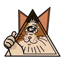 Cartoon illustration of a happy cat holding a triangle mirror