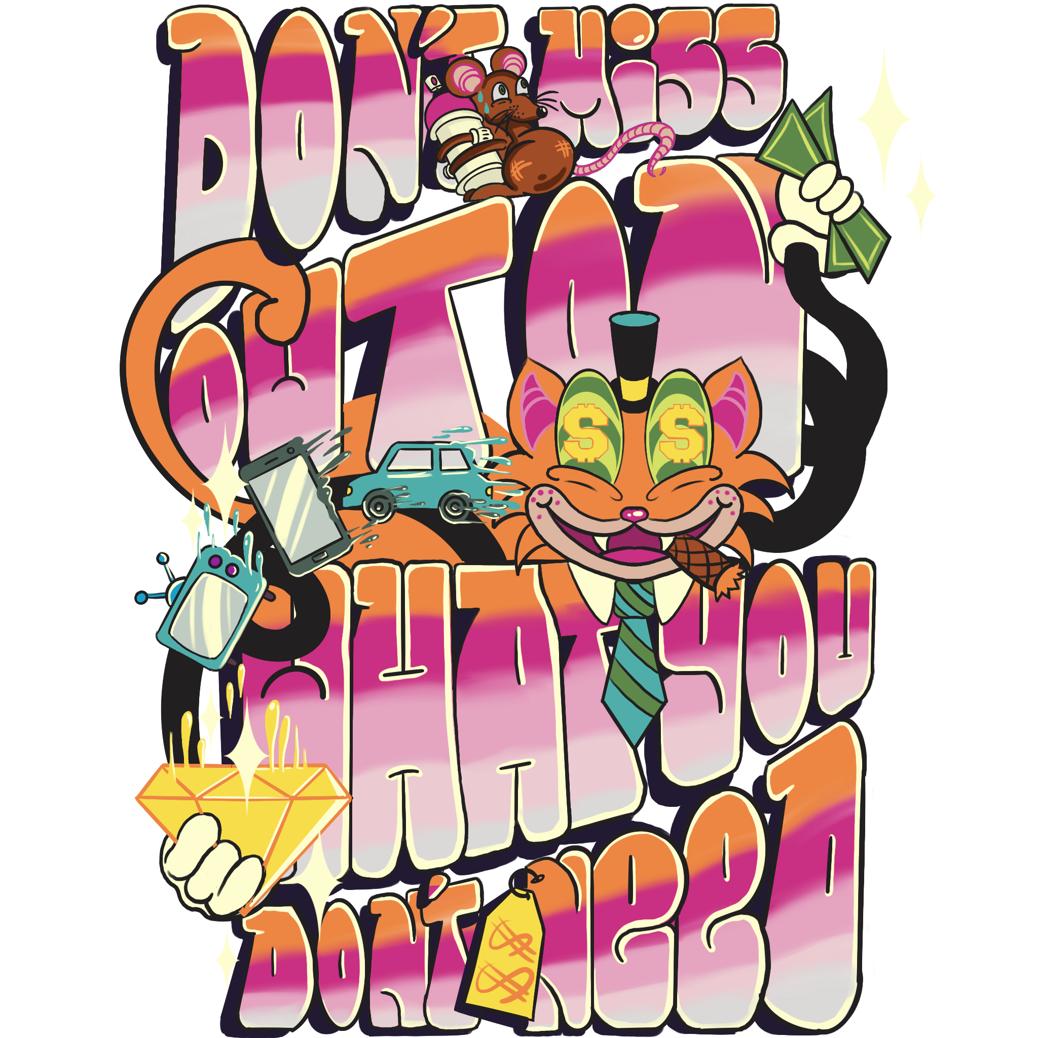 Colorful cartoon-style text reading 'Money is Happiness'. There is a smiling tiger with a pink and white striped hat, holding a money bag, surrounded by images of cash and a diamond, all with a vibrant pink, orange, and purple background.