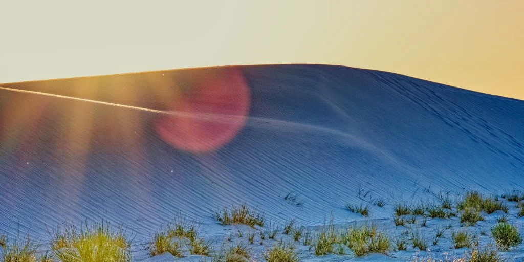 A detailed close-up of a sun-drenched gypsum dune, highlighting the intricate wind-carved ripples and soft lens flare.