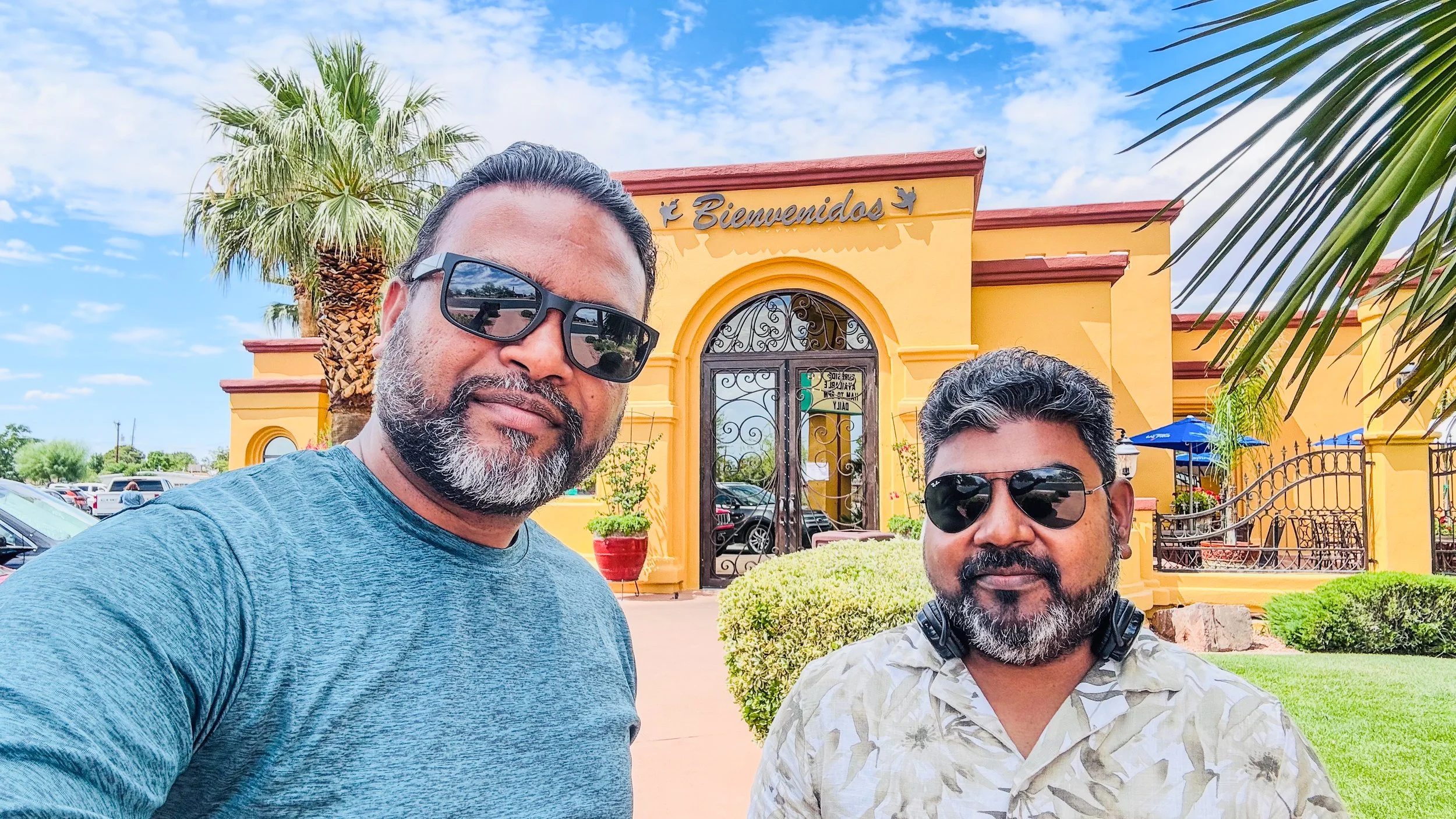 Anandha Marthandan and Arun kumar standing before Senor restaurant in Las Cruces, NM