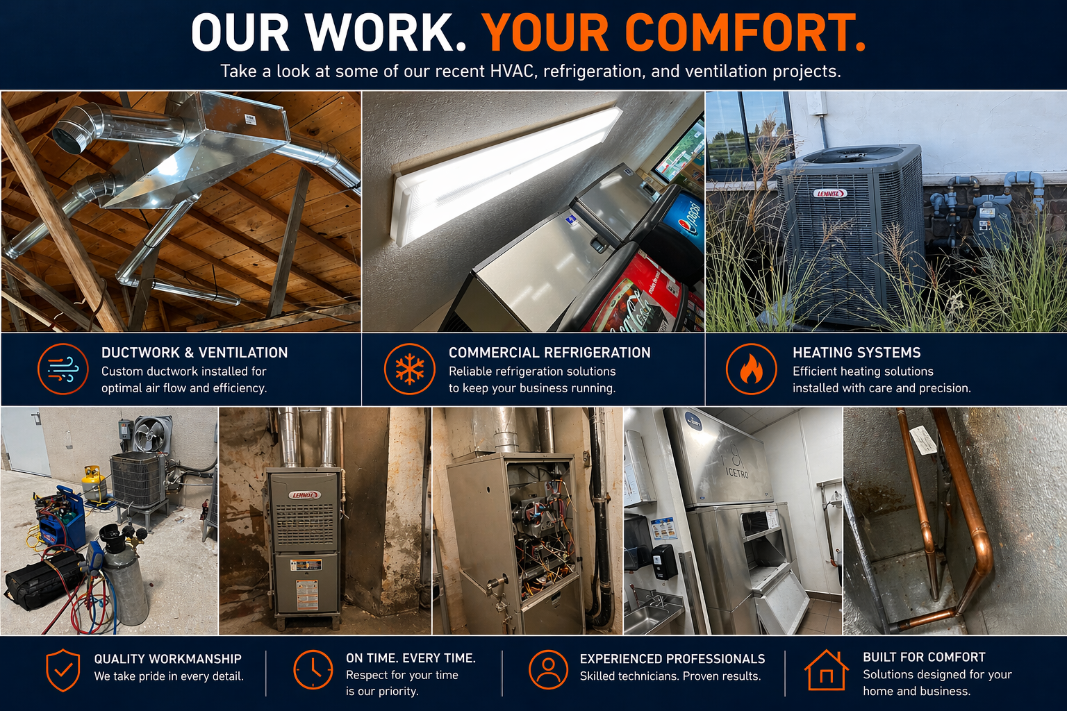 A flyer showcasing HVAC, refrigeration, and ventilation projects, including images of ductwork, refrigeration units, and heating systems, with text highlighting their features and professionalism.