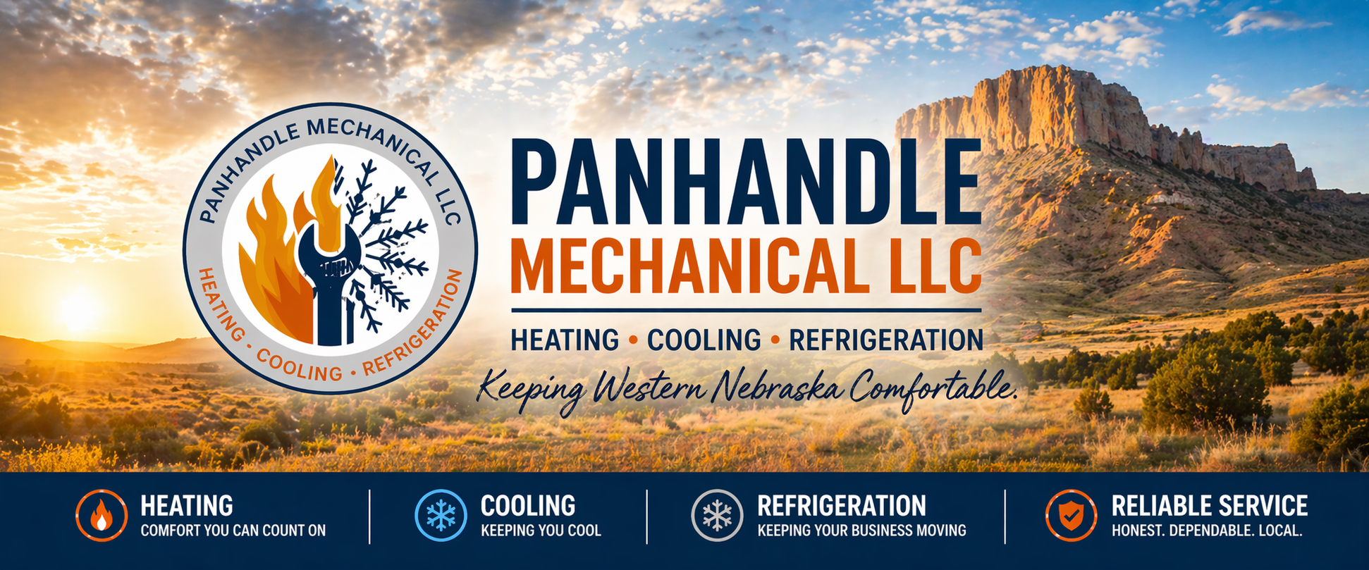 A promotional banner for Panhandle Mechanical LLC with a scenic desert landscape and mountains at sunset. The company's logo features a flame and snowflake inside a wrench, and services listed include heating, cooling, and refrigeration. The banner emphasizes reliable service and keeping Western Nebraska comfortable.
