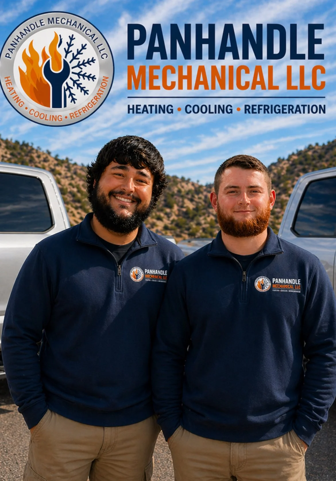 Two men standing outdoors in front of vehicles, wearing navy blue jackets with the Panhandle Mechanical LLC logo, smiling with a mountain landscape and blue sky in the background.
