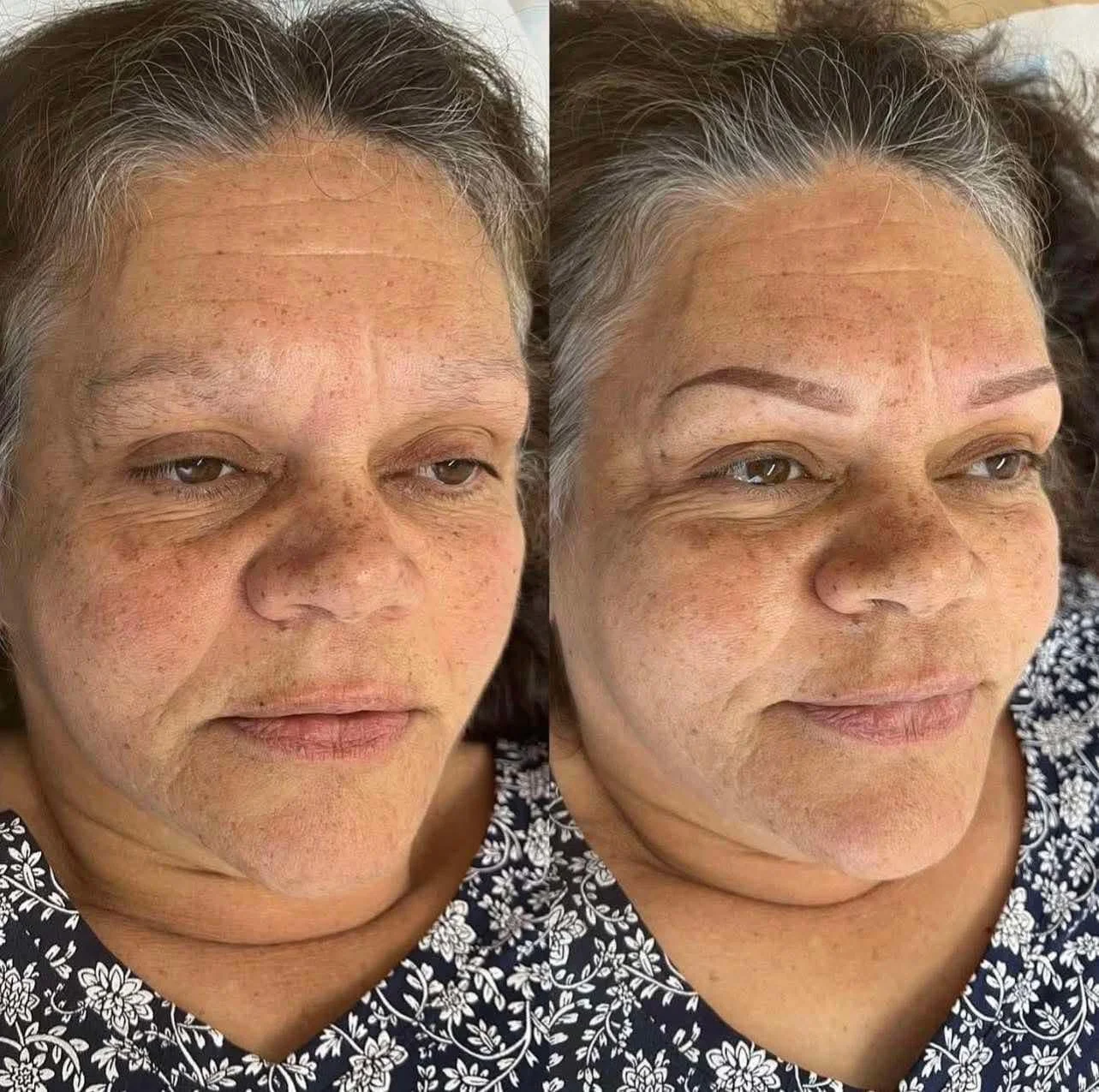 Side-by-side comparison of a woman's face before and after having eyebrows shaped and filled in.