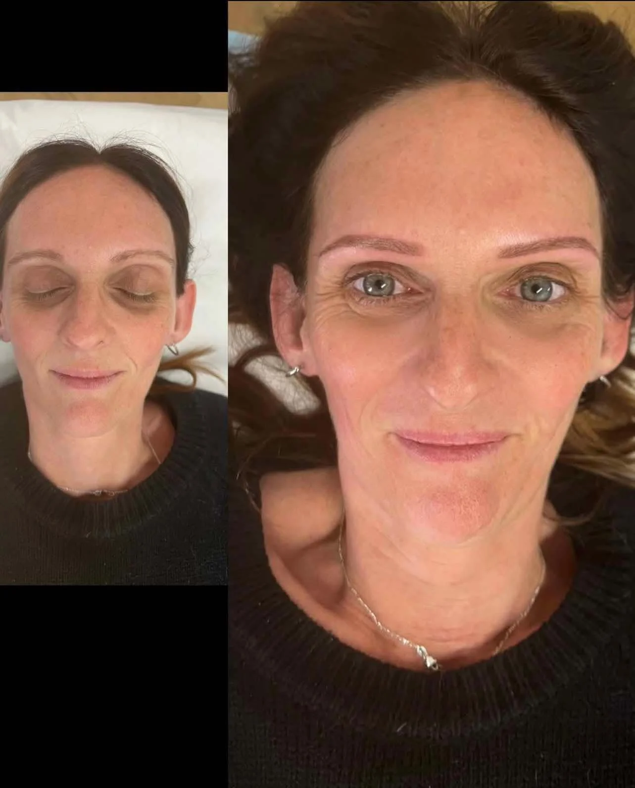 Side-by-side comparison of a woman before and after makeup application, showing a natural look on the left and a more polished look on the right.