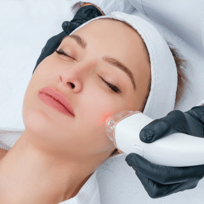 Woman receiving a facial treatment with a handheld device at a spa or clinic.
