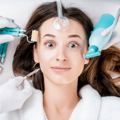 Woman receiving dental or facial cosmetic treatment with multiple tools around her face