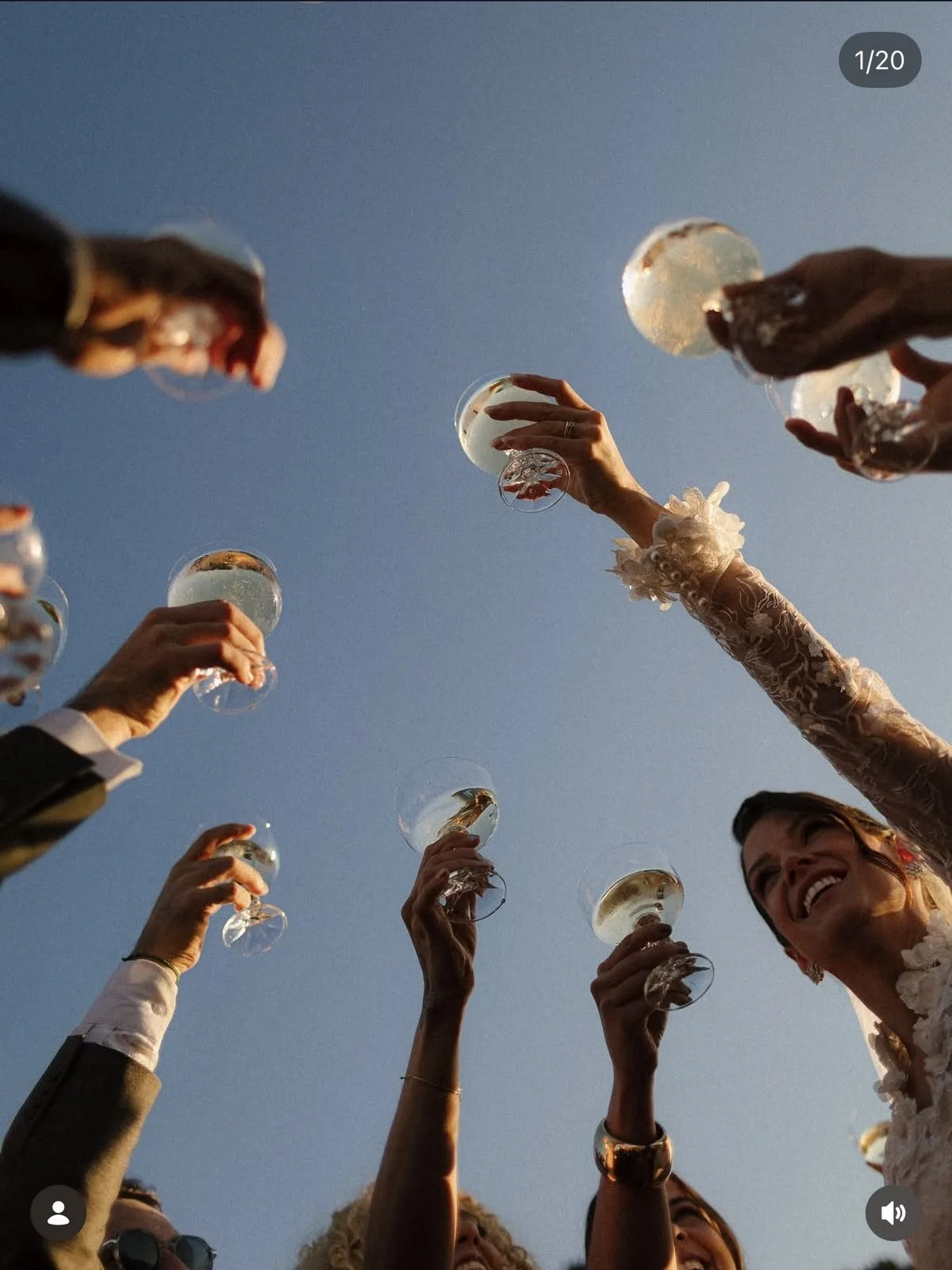 People raising glasses in a toast at an outdoor celebration during sunset.