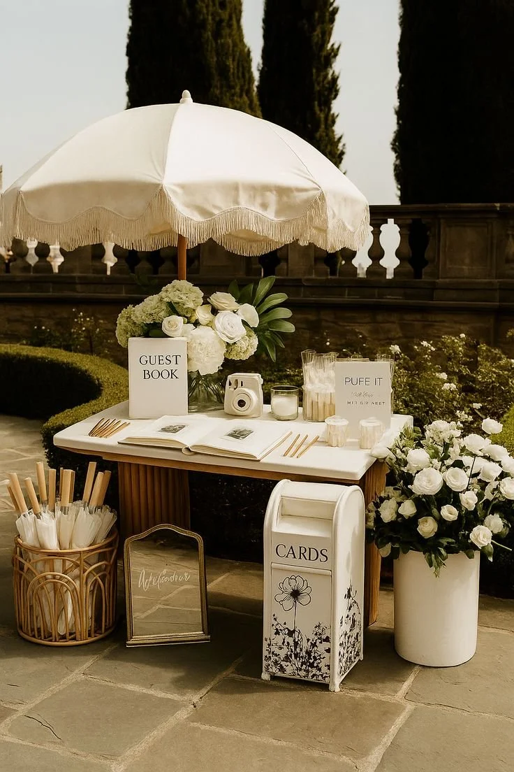 A guest book table with a white umbrella, bouquet of white flowers, a camera, cups, and a sign that reads 'Guest Book.' A separate container holds pens, and a small mirror is nearby. There is also a box labeled 'Cards' with floral designs, and a large pot of white roses nearby.