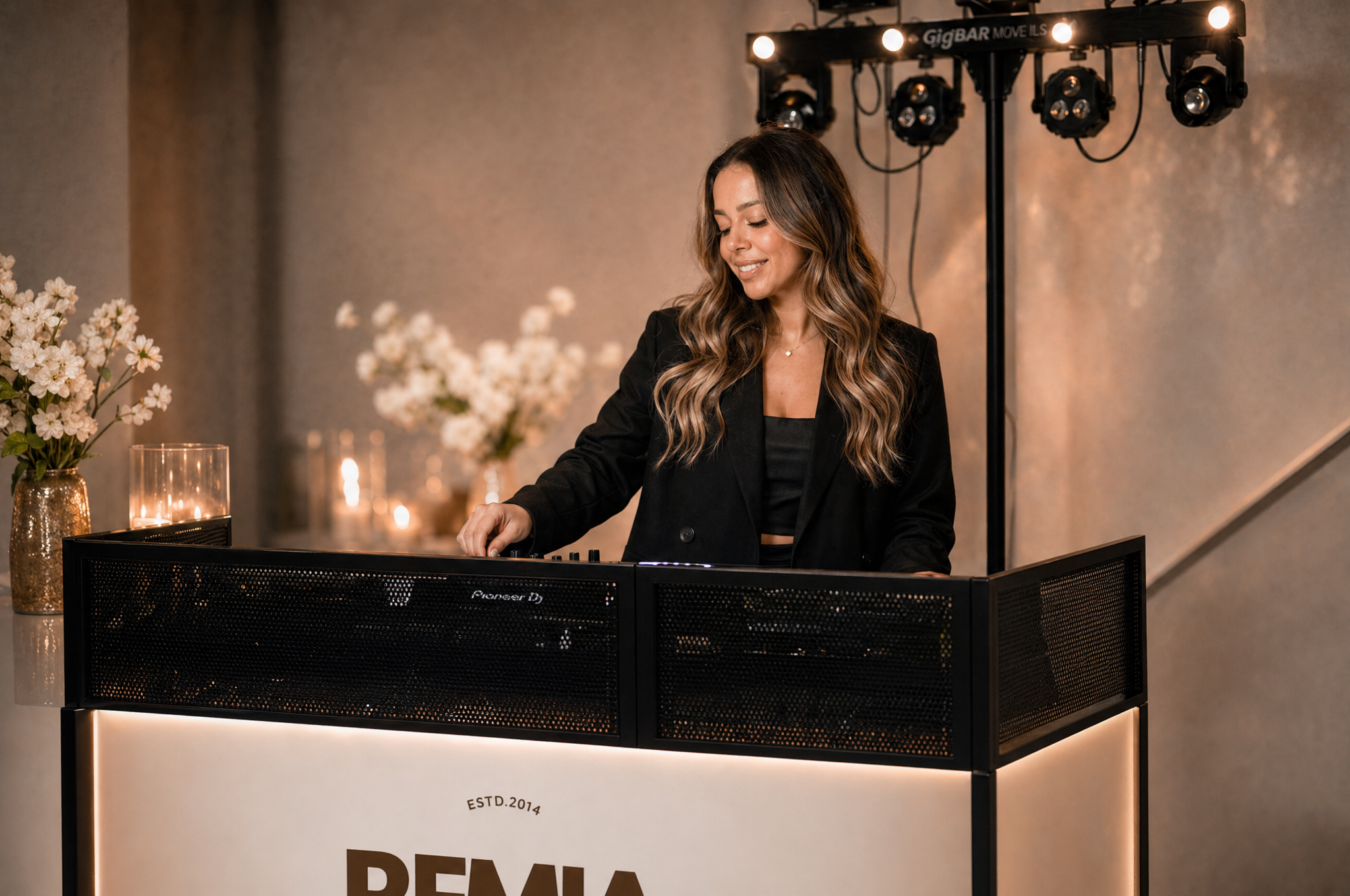 A woman with long wavy hair wearing a black blazer and top, smiling while DJing at a table with a Pioneer DJ controller, in a warmly lit indoor setting with flowers and candles, and a lighting rig overhead.