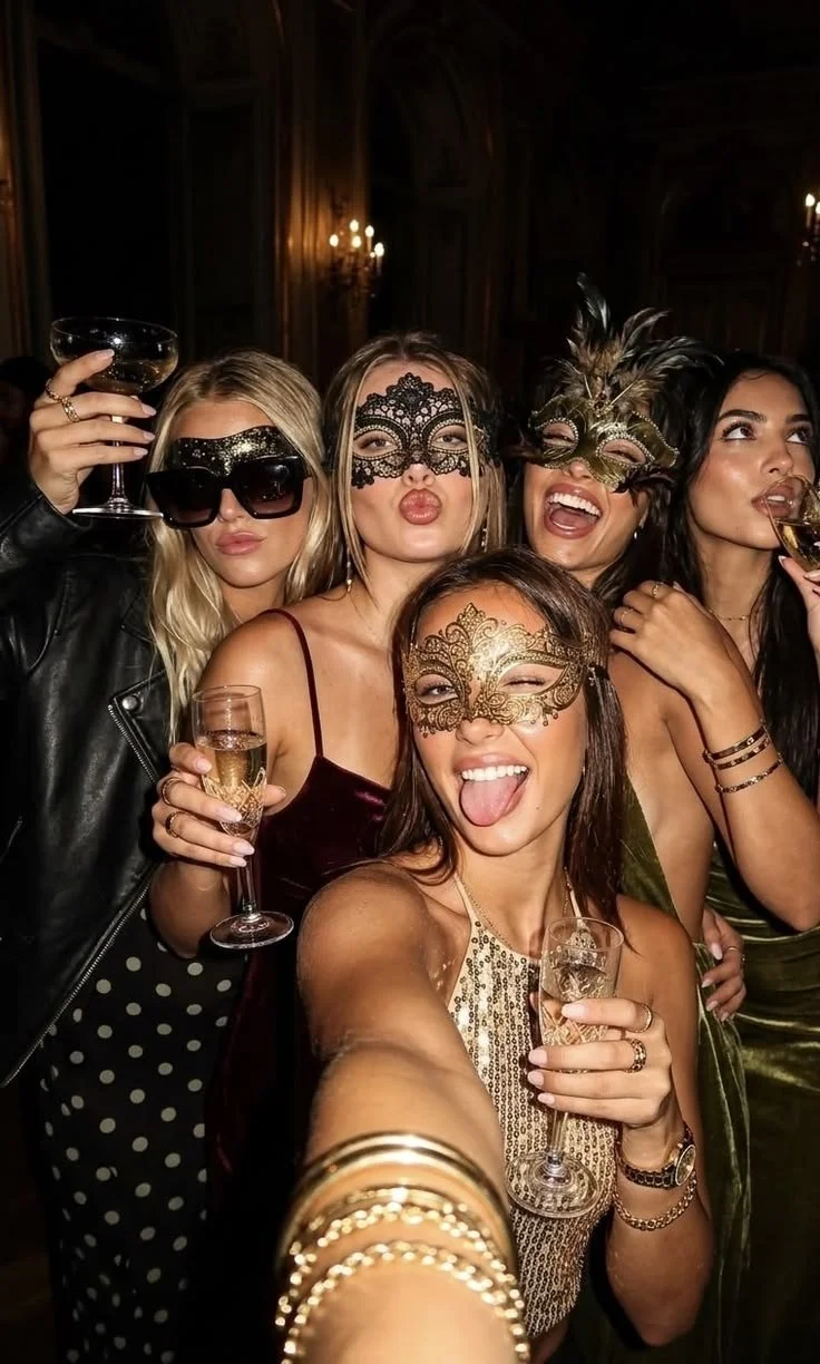 Group of women celebrating, wearing masks, holding drinks, and taking a selfie at a party or celebration.