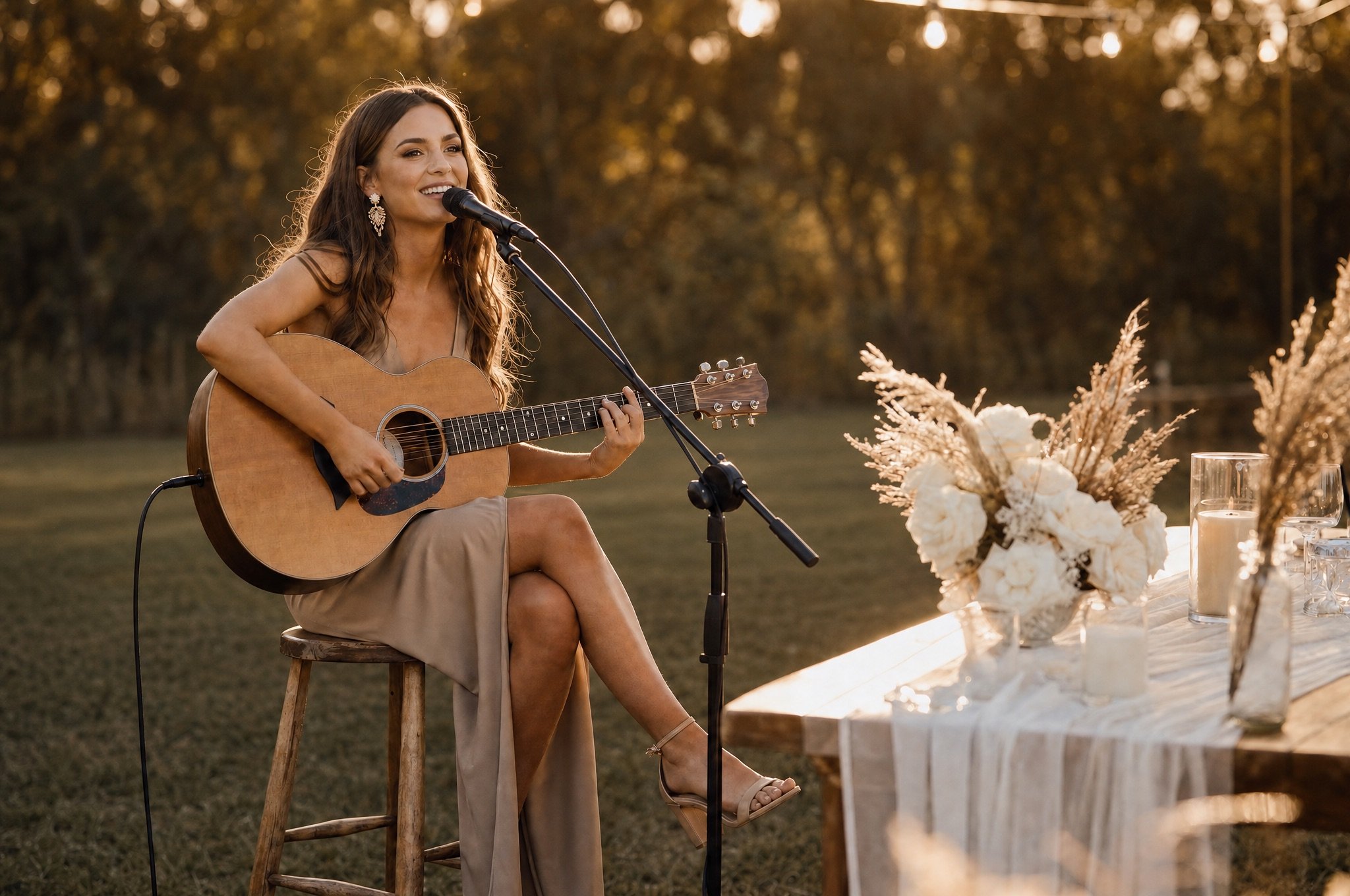A woman sitting on a wooden stool outdoors playing an acoustic guitar and singing into a microphone. The scene is set during sunset with a blurred background of trees and a table with floral arrangements and candles.