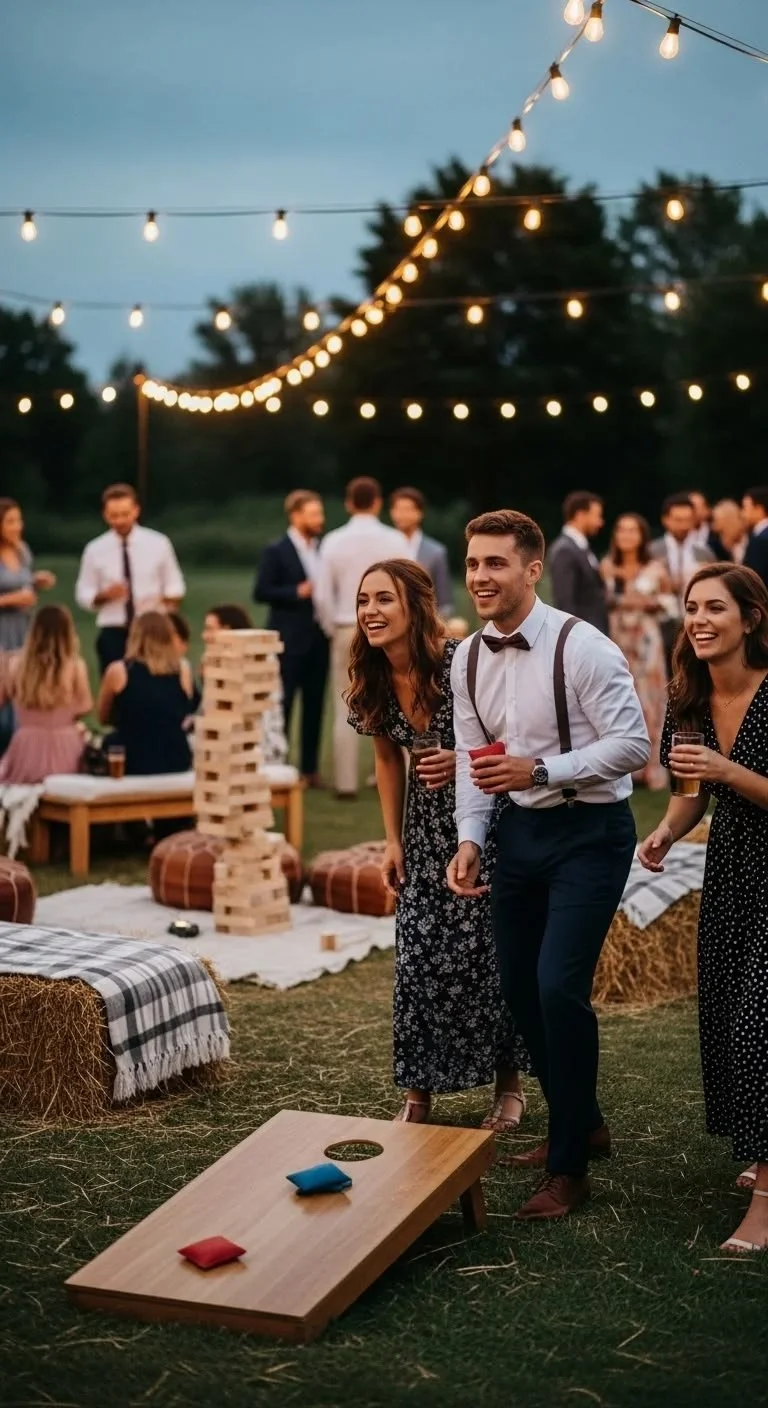 People attending an outdoor gathering with string lights overhead, playing cornhole and socializing, with a group of friends in the foreground and others in the background, set in a grassy area with trees at dusk.