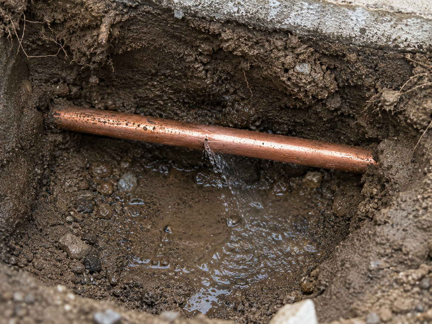 A close-up of a small hole in the ground with a copper pipe running through it, and water seeping out.