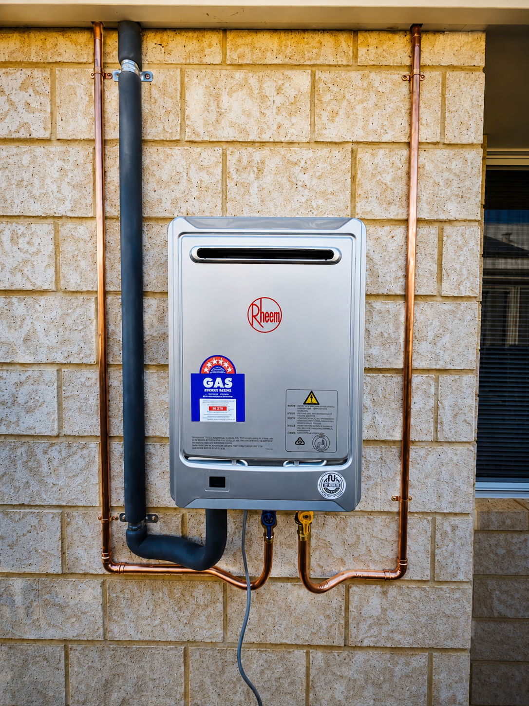A gas tankless water heater unit mounted on a beige brick wall, with black and copper pipes connected to it.