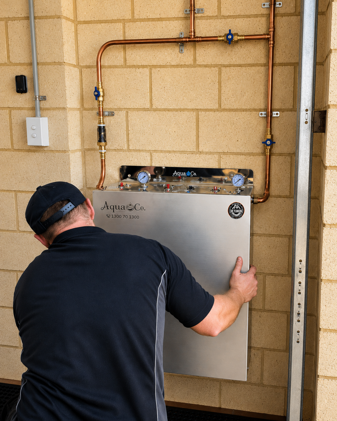 a mandurah plumber installing or servicing a commercial water heater or boiler system with copper pipes and gauges.