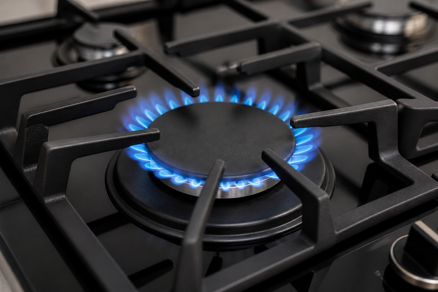 Close-up of a lit gas stove burner with blue flames and black grates.