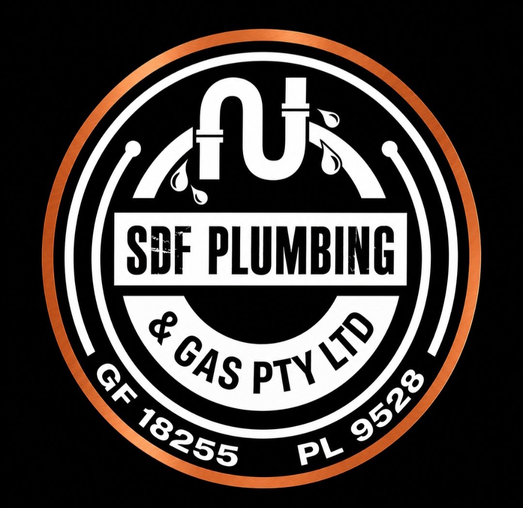 Logo for SDF Plumbing & Gas Pty Ltd, featuring a pipe with dripping water, company name, and licensing details.