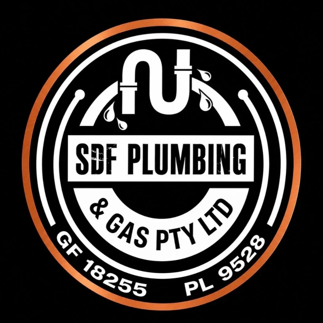 A circular logo for SDF Plumbing & Gas Pty Ltd, featuring a pipe with water drops at the top, with text including the company's name, registration numbers, and license details.