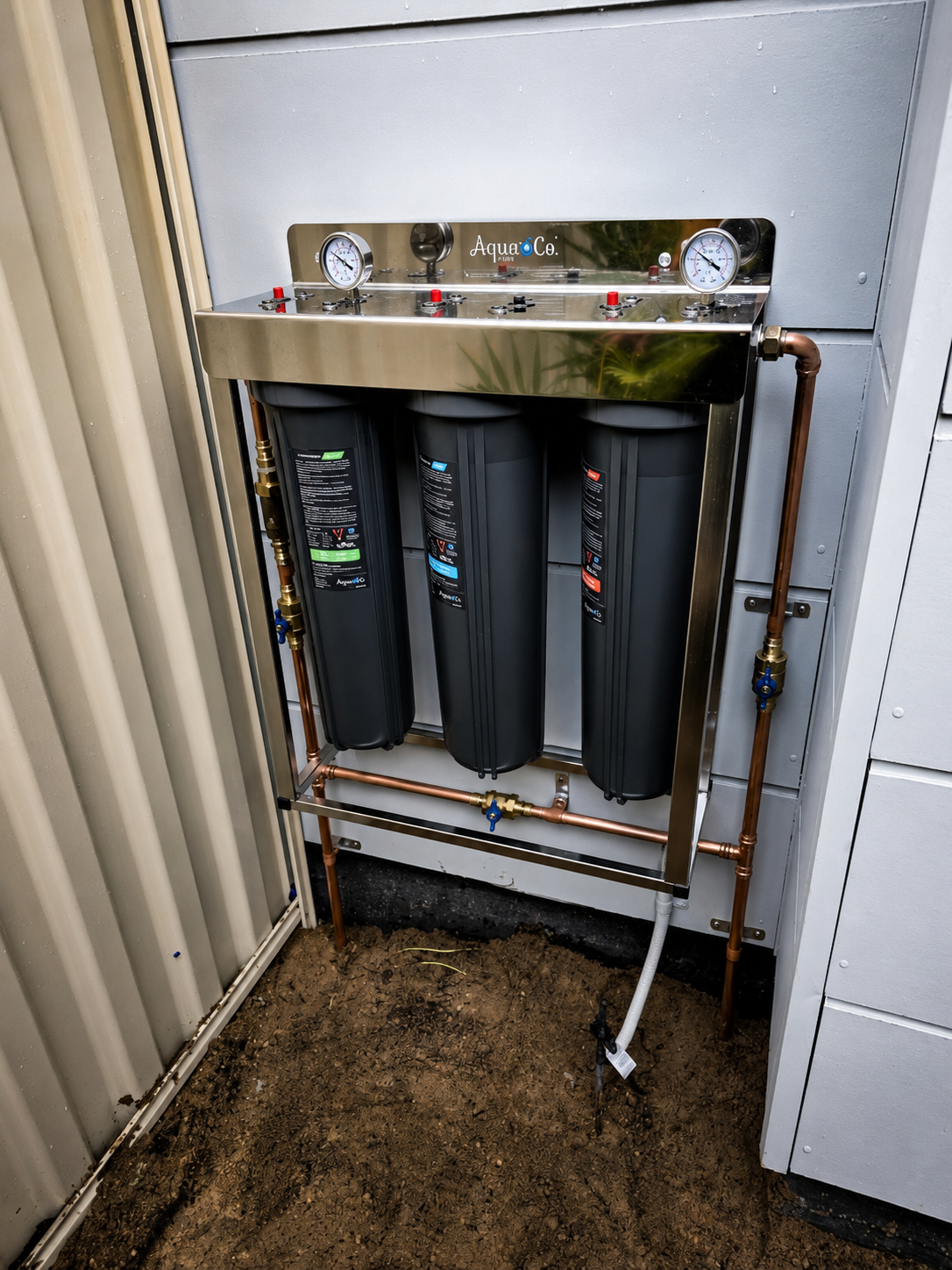 A water filtration system with three black filter units connected by copper pipes, mounted on a metal frame, with gauges and valves, installed next to a gray metal and beige panel wall on a dirt ground.