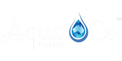 A logo for Aqua Co Filters with a water droplet and icy mountain inside the droplet.