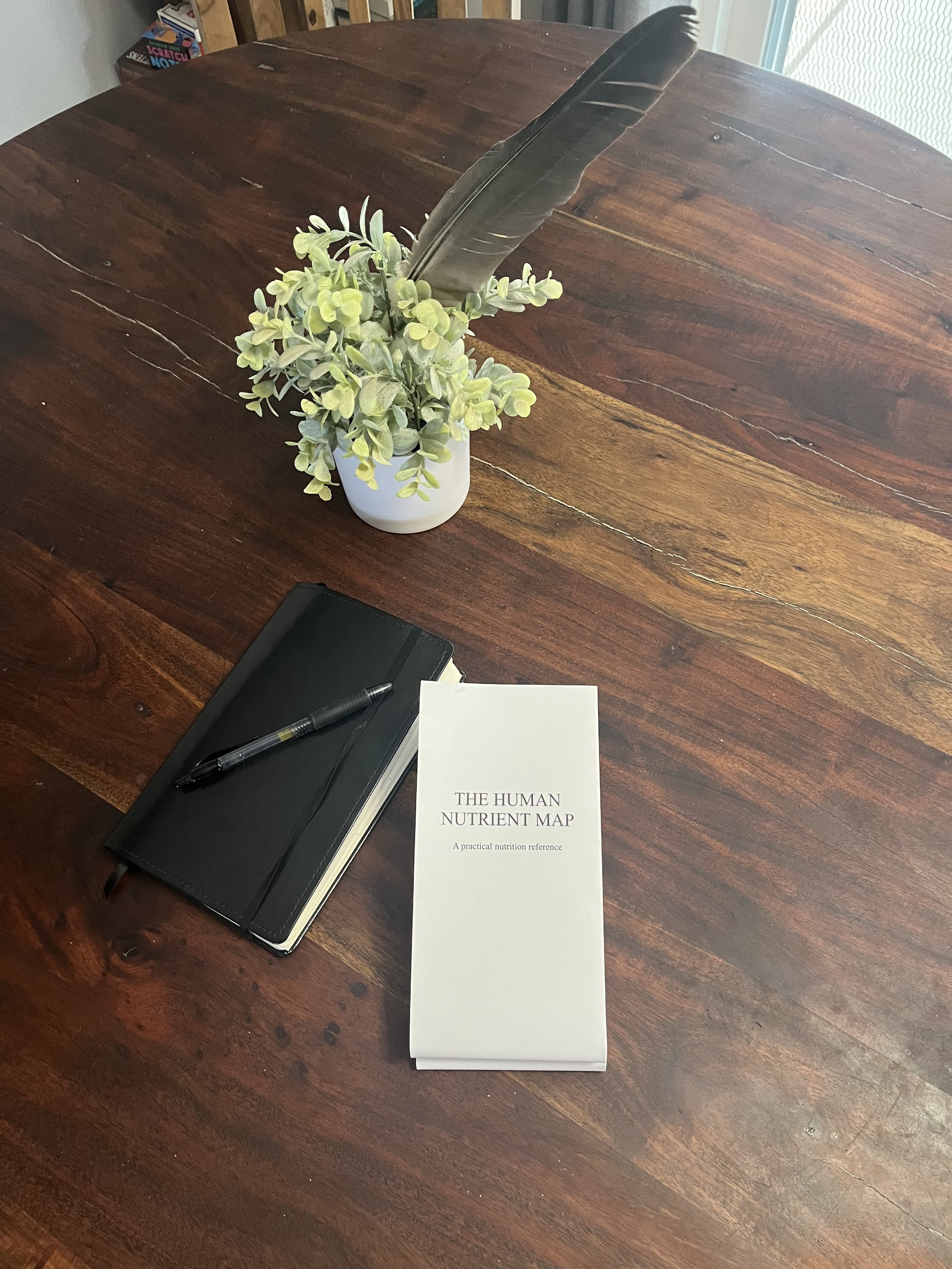 A dark wooden dining table with a black notebook and pen, a white pamphlet titled 'The Human Nutrient Map,' and a white vase with green and gray foliage and a large feather.