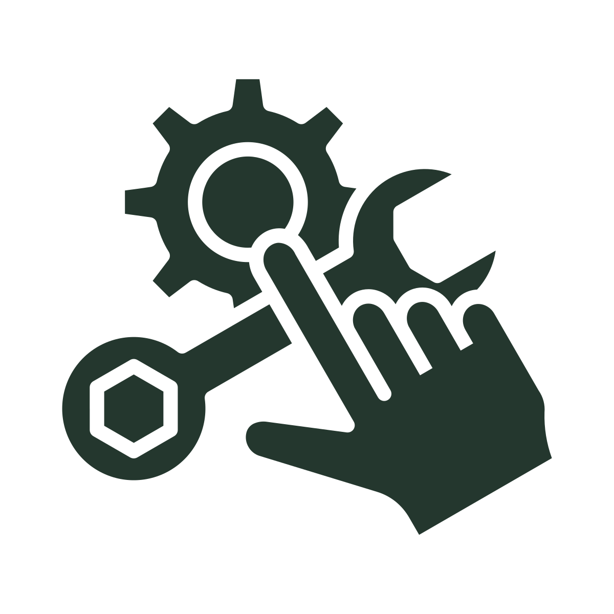 Gear, wrench, and magnifying glass icons with a hand pointing, representing technical support or system maintenance.