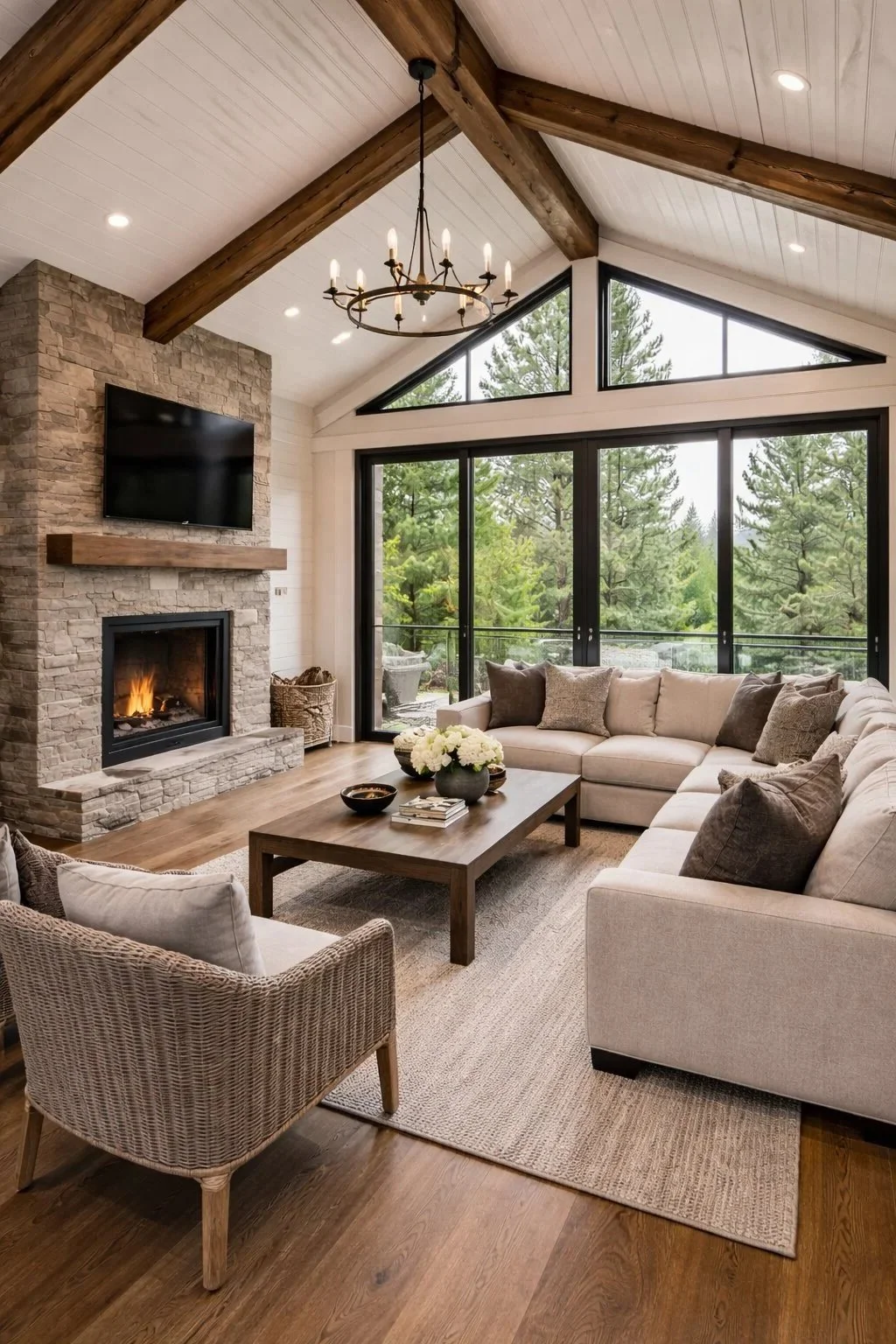 A living room with a stone fireplace, a large flat-screen TV mounted above, wooden ceiling beams, and expansive glass windows showing green trees outside. There is a cream-colored sectional sofa with pillows, a wooden coffee table with flowers, and a wicker chair on a beige rug.