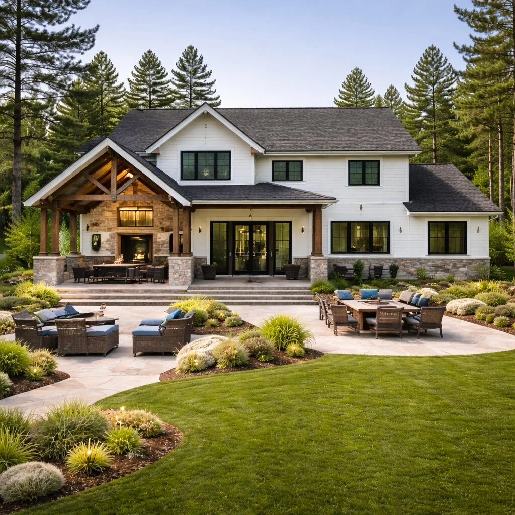 Large white two-story house with black-trimmed windows, surrounded by tall pine trees. The house has a stone fireplace and a covered porch with outdoor seating. There is an expansive patio with outdoor furniture, including a dining table and lounge chairs, with landscaped greenery and neatly trimmed lawns in the foreground.