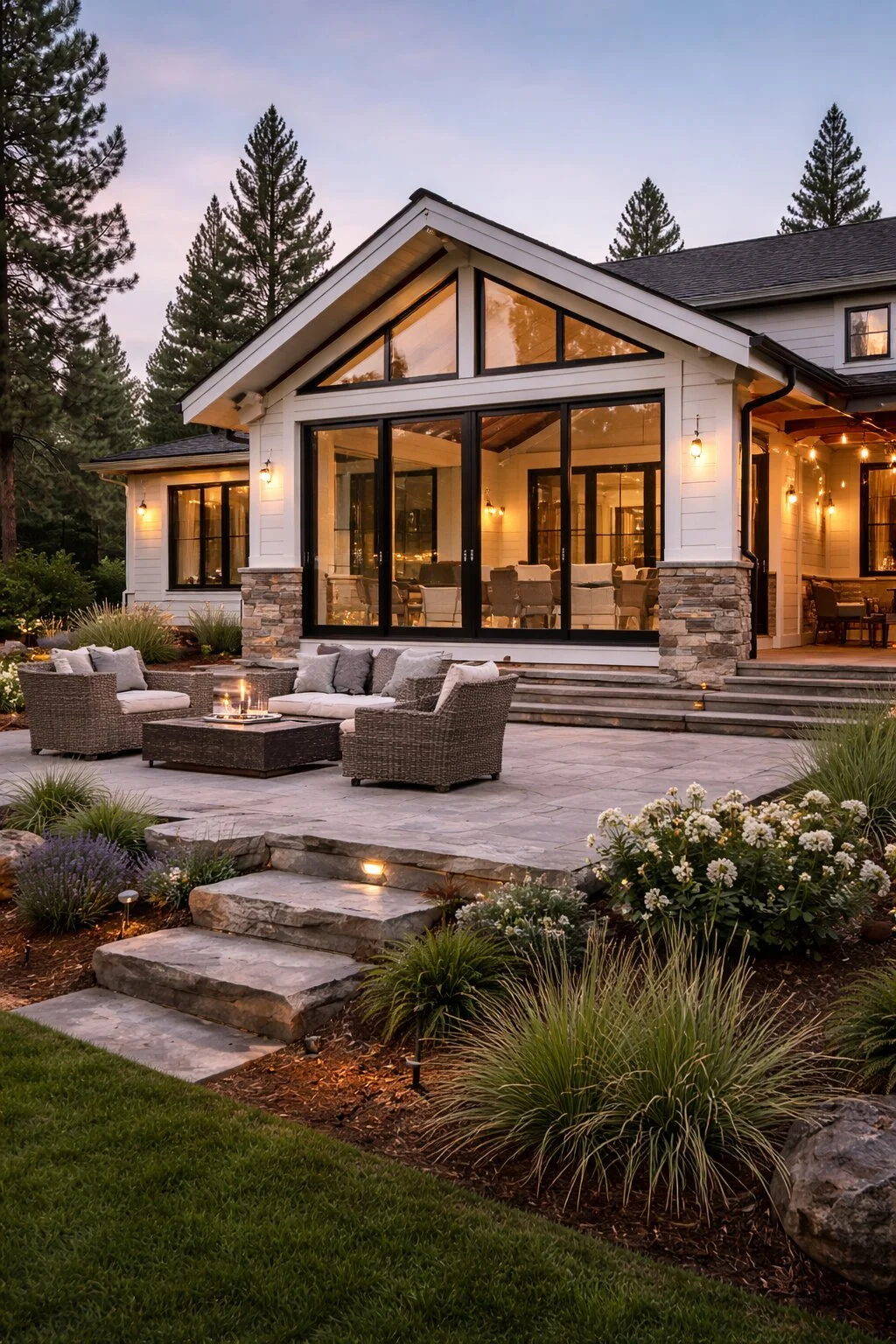 A modern house with large glass windows and an outdoor patio with seating, surrounded by landscaped garden and tall pine trees at dusk.