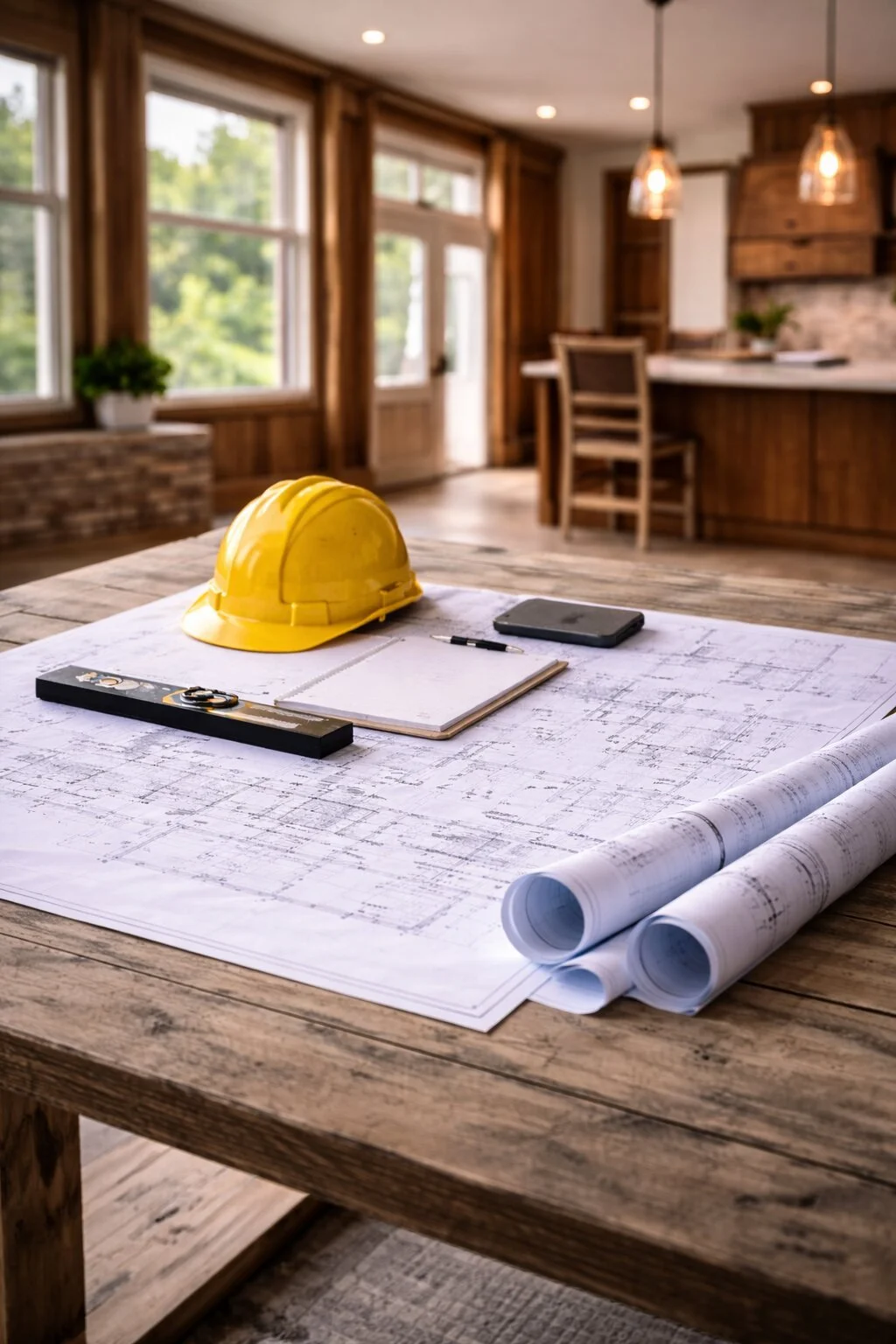 Construction plans, a yellow hard hat, a black ruler, a notepad with a pen, and rolled blueprints on a rustic wooden table in a bright, wood-paneled room with large windows and a kitchen in the background.