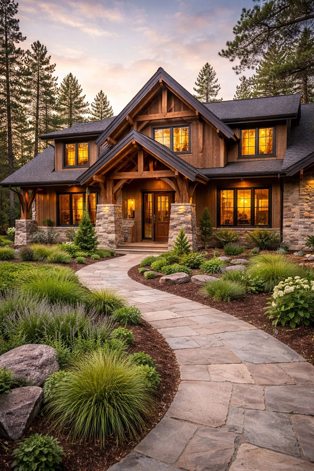 A large, two-story house featuring a wooden exterior, stone accents, and glowing windows, with a curved stone pathway leading to the front door, surrounded by landscaped garden with green plants and trees during sunset.