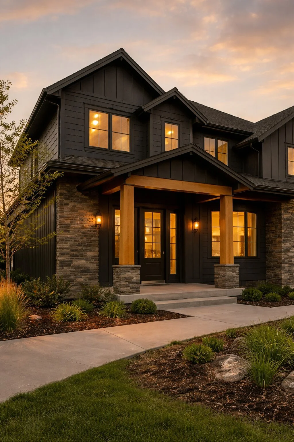Front view of a modern two-story house at sunset with lit interior windows, black exterior, wooden porch pillars, and landscaped yard with grass and shrubs.
