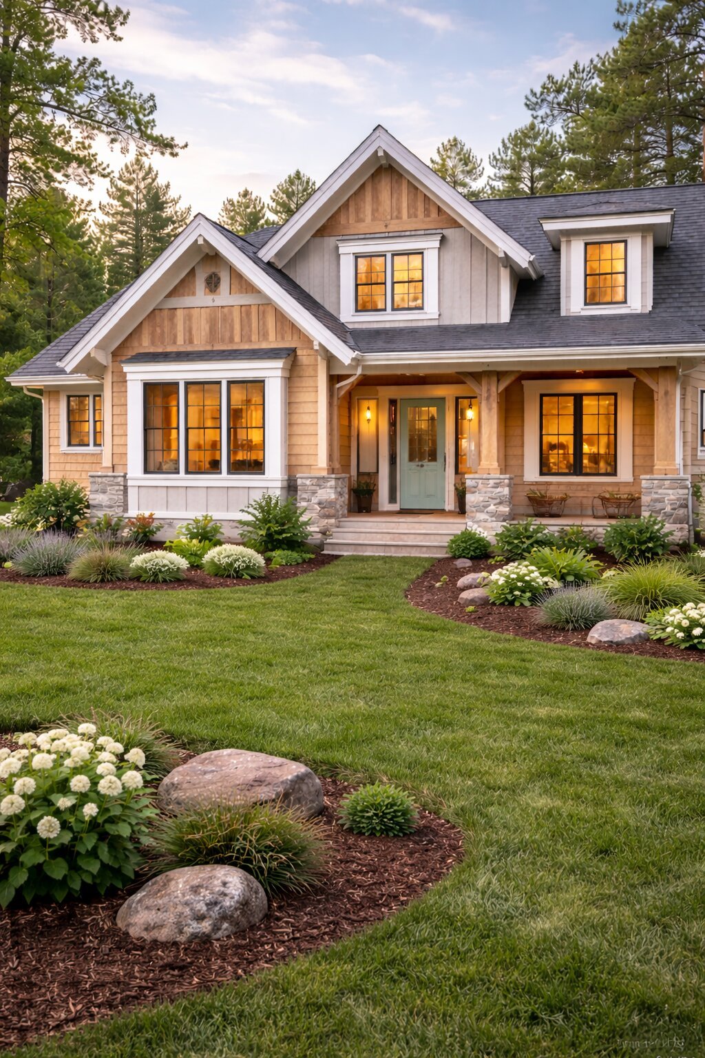 A two-story house with a landscaped front yard, large windows, a front porch with a glowing light, and a lush green lawn with flower beds and decorative rocks.