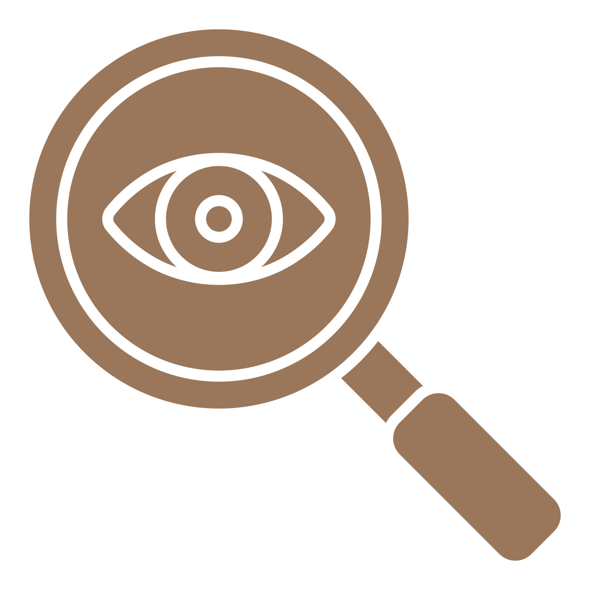 Brown hand-drawn magnifying glass with eye and target symbols inside the lens.