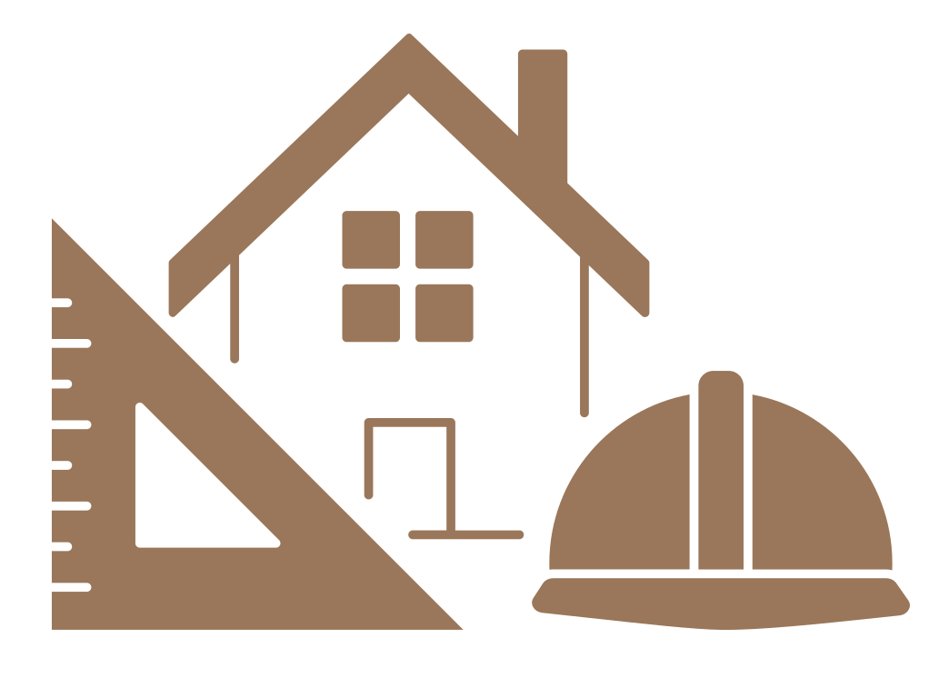 Icon of a house with a roof, door, and windows, a right triangle ruler, and a construction helmet.